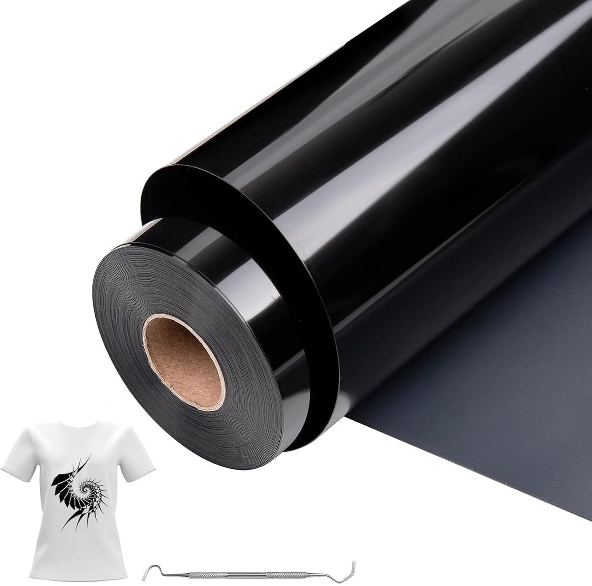 Zwart Opstrijkbare Vinylrol Voor Stoffen, 30.5cm x 1000cm Iron On Heat Transfer Vinyl met Wiedgereedschap, Warmteoverdracht Vinyl, Opstrijkbare Flex Voor Stoffen, T-Shirts (Zwart)