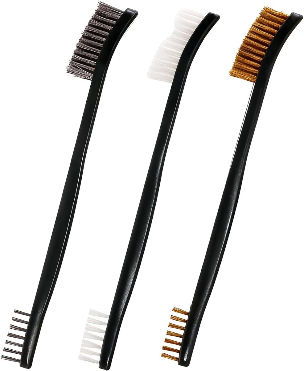 Set van 3 kleine draadborstels, dubbelzijdig, roestvrijstalen messing draadborstel, mini-stalen borstel, nylon, kleine metalen borstel voor reiniging van vuil en roest