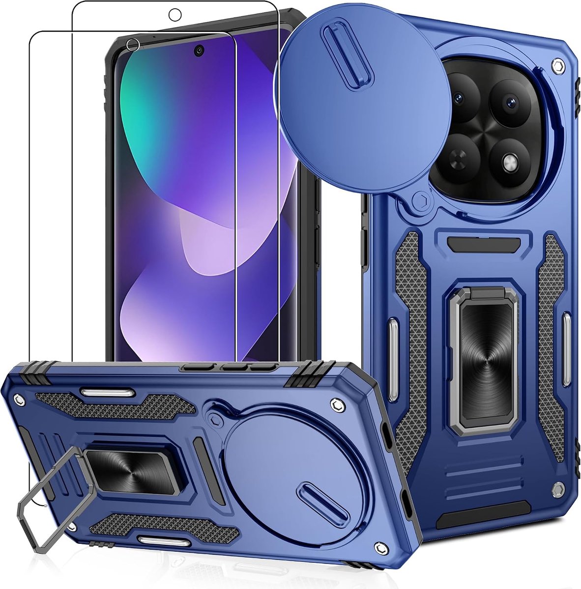 Hoes voor Xiaomi Redmi Note 15 5G, telefoonhoes, slide, camerabescherming, militaire standaard, stootvast, beschermhoes met 2 stuks beschermfolie, 360° metalen houder, valbestendig, blauw