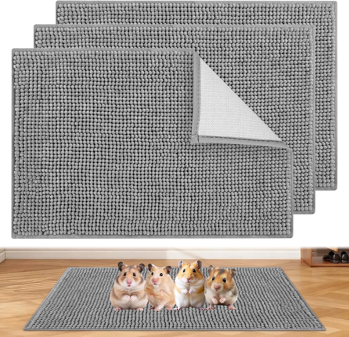 3 stuks cavia-onderleggers, wasbaar, 60 x 40 cm, absorberende Pipipads, kooimat, grijs, cavia's, pipi pads, accessoires, wasbare kooiinlegger, knaagdiertapijt voor kleine dieren zoals konijnen en