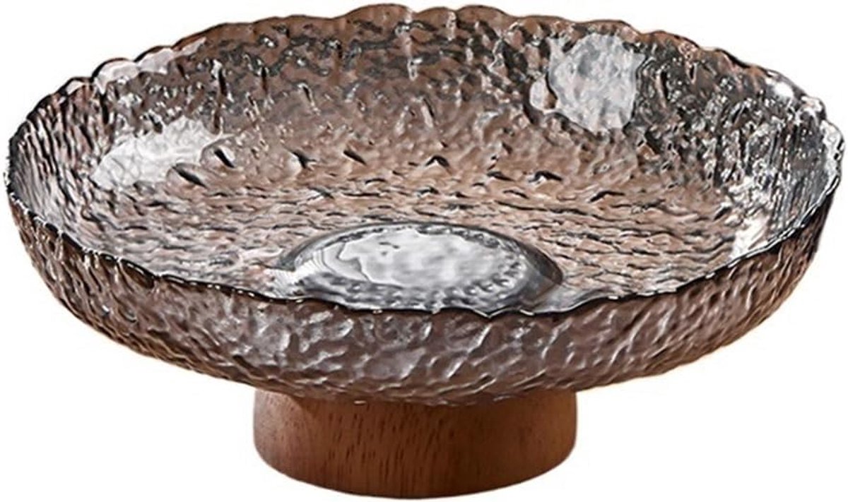 Fruitschaal Gestructureerde glazen fruitschaal met houten voet, decoratieve serveerschaal for fruit, snacks en servies(Gris,Groot)