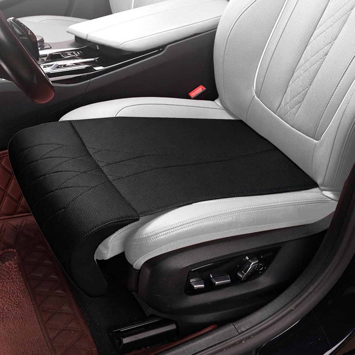 Zitkussen voor auto, voorstoelen, antislip, autostoelbeschermer, autostoelkussen met beensteun voor automobilisten en gebruik op kantoor (zwart)