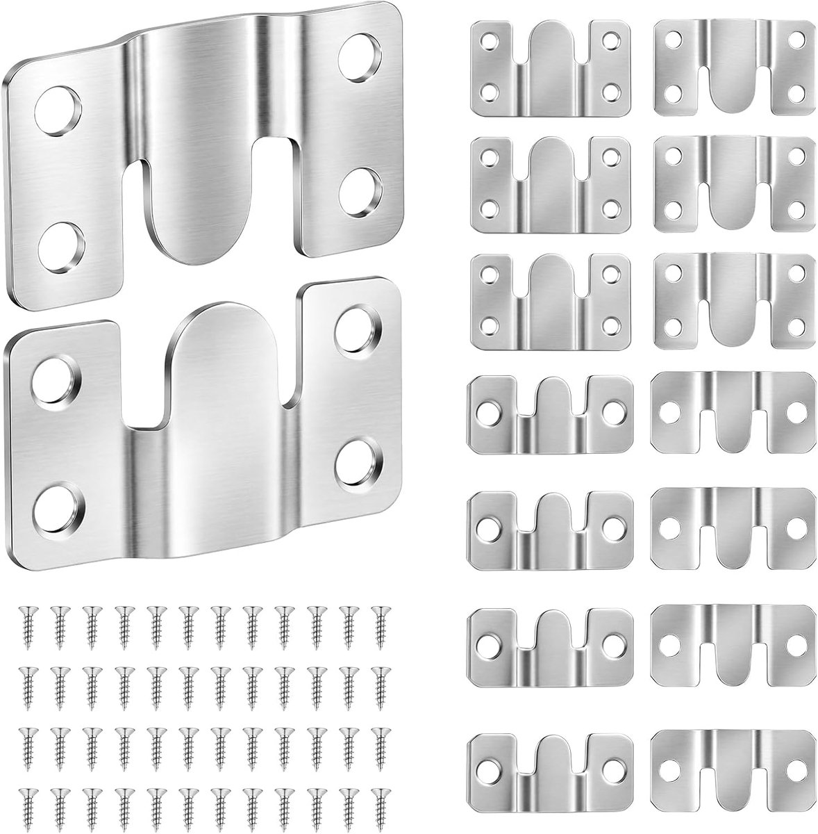 16 houders voor verborgen montage met steekgesp | 4 paar (54 mm x 18 mm) + 4 paar (43 mm x 19 mm), met 24 schroeven, wandhouder van roestvrij staal, voor hoofdeinde, fotolijst