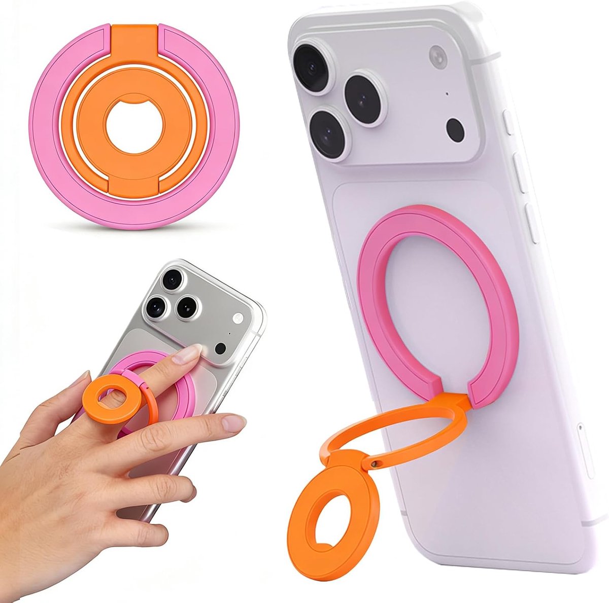 Dubbelzijdige Magnetische telefoonringhouder 11D Oranje | Ultradun Draagbaar 360° Rotatie Tweekleurig Ringstandaard Compatibel met iPhone en andere telefoons