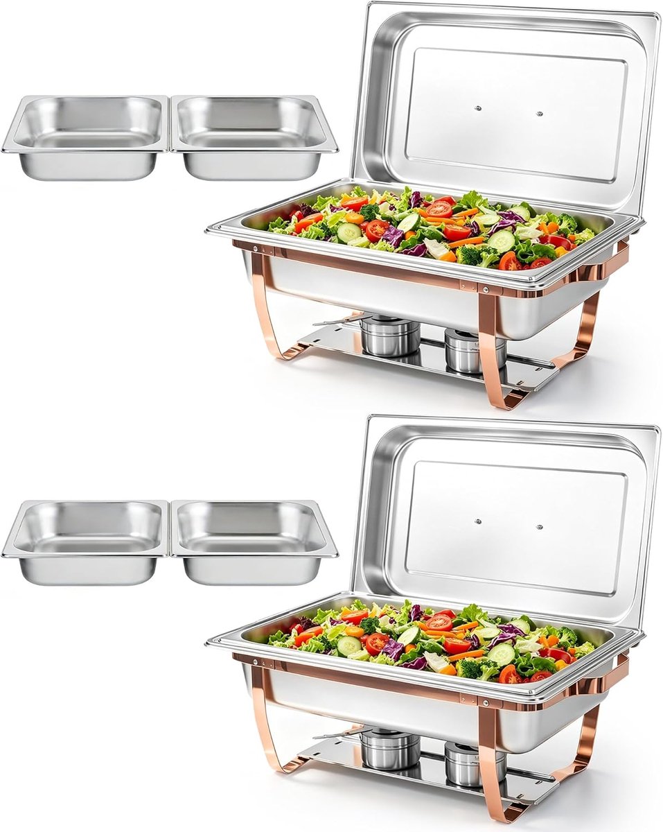 Dish Buffet Set 2 Pack, 9L Roll Top Ontworpen Rechthoekige Buffet Trays met Deksels [2 Volledige & 4 Half Size Pannen] Roestvrijstalen Voedselwarmers voor Feesten, Verjaardag, Vakantie Feesten