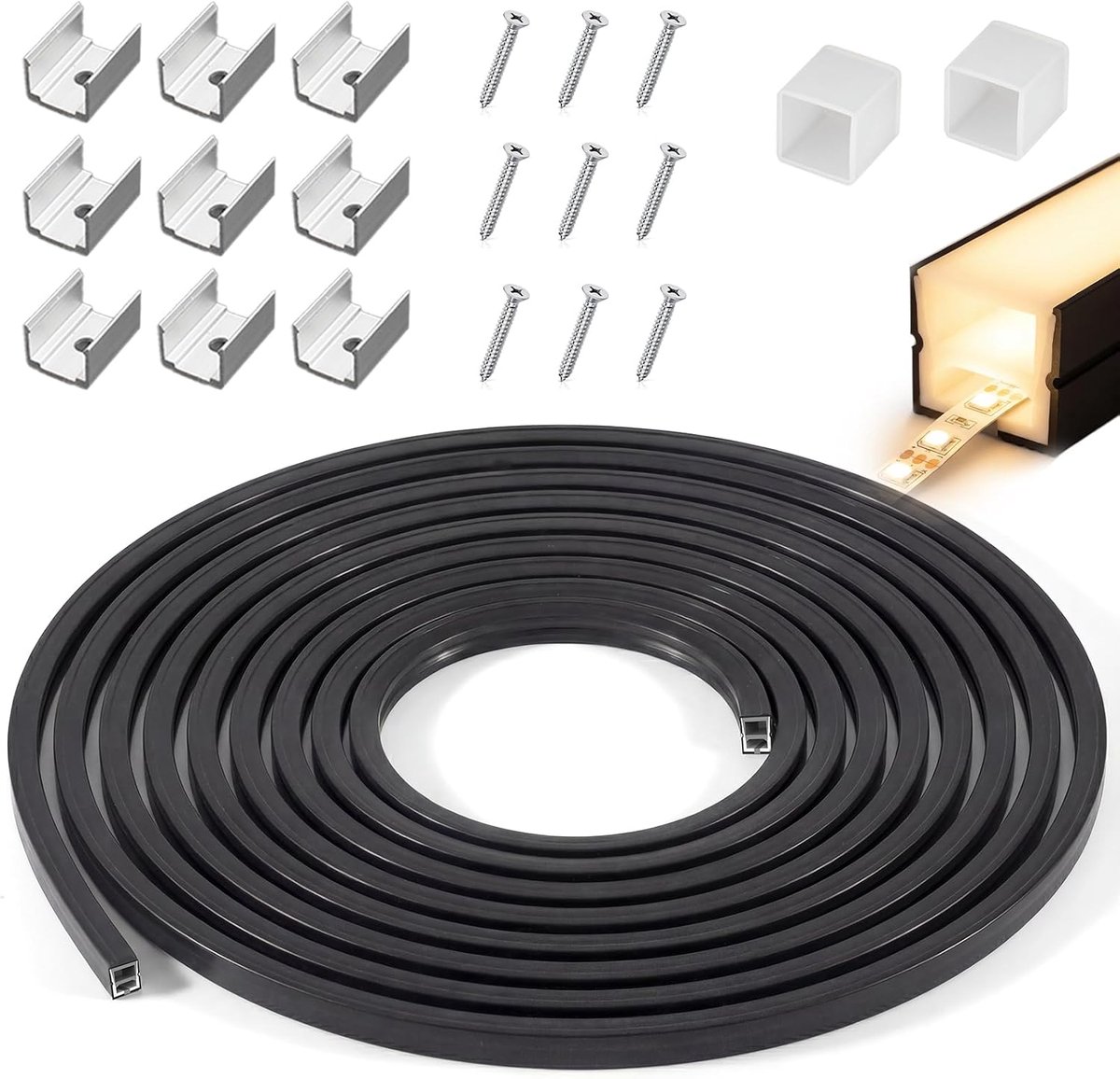 Siliconen Profiel Zwart 3M Flexibel Waterdicht IP67 Ledstrip Diffuserkanaal 12x12mm voor Akoestische Panelen Afdekking voor Homogene Neonlicht Kast Verlichting Rail (Zonder LED Strip)