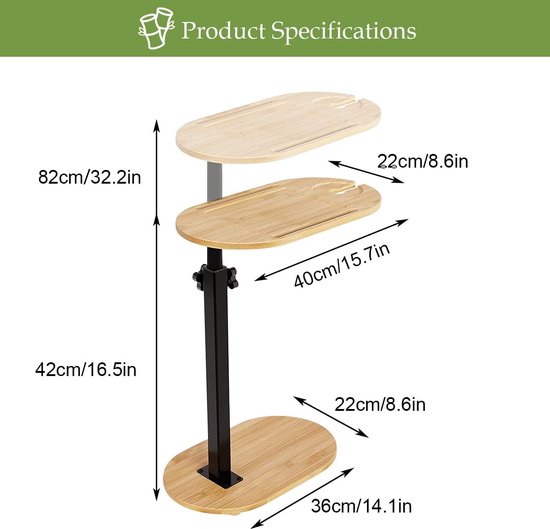 Bijzettafel van bamboe, in hoogte verstelbaar nachtkastje, kleine salontafel voor woonkamer, slaapkamer, kantoor, multifunctionele legplank, 40 ~ 82 x 43 x 22 cm, — afbeelding 2