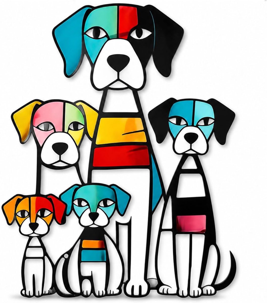 Honden Muursculptuur, Pop-Art Muurkunst Honden, Geometrische Muurdecoratie Hondenmotief, Kleurrijke Muursculptuur met Vijf Honden voor Woonkamer, Tuin & Huisdier Decoratie