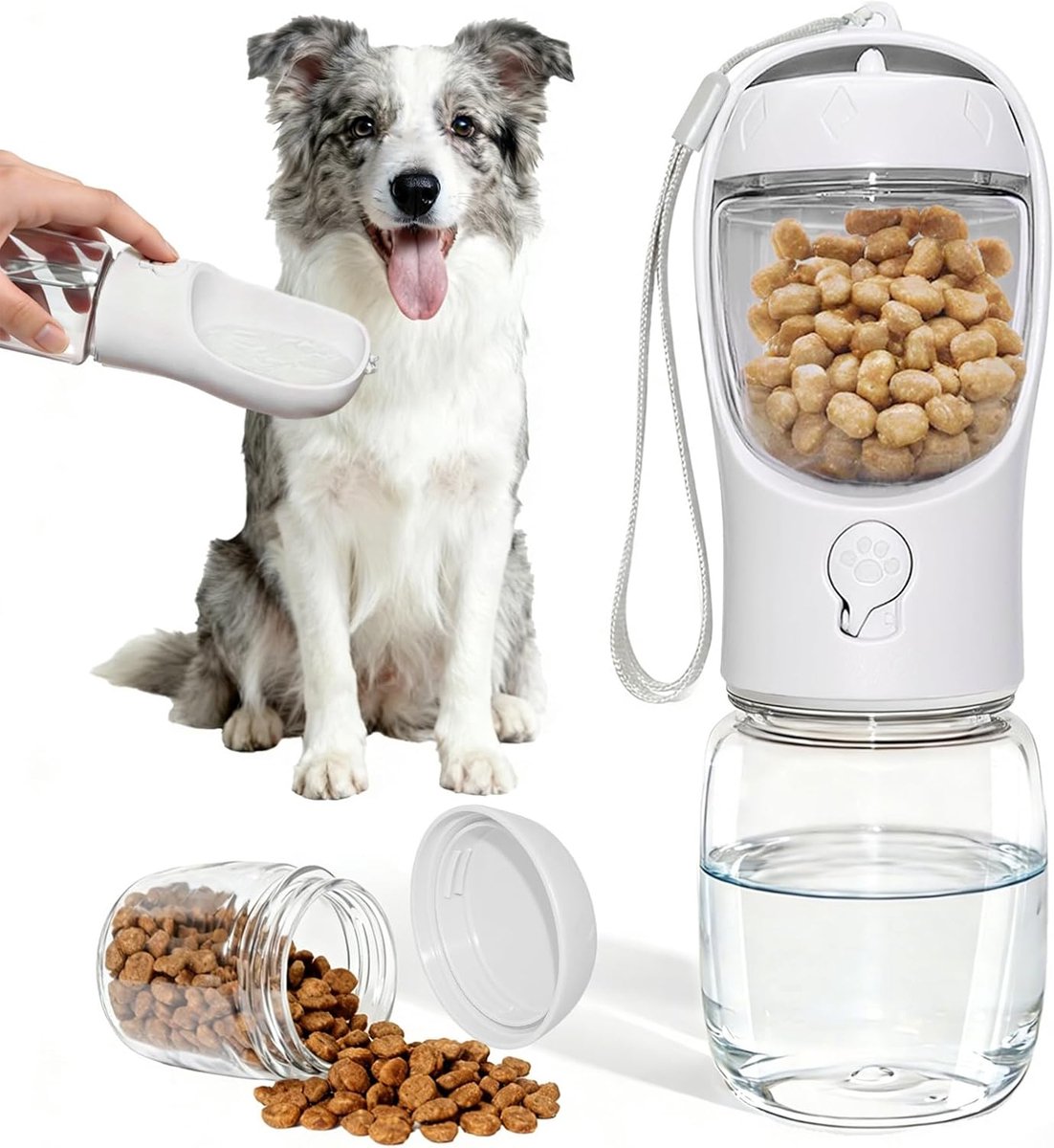 waterfles voor honden, draagbare waterdrinkmachine voor honden, voor reizen, wandelingen en buitenactiviteiten (Wit, 350ml) | Met voerbak van 100 g, dubbel lekvrij ontwerp, gebruik zonder BPA, eenvoudig te bedienen, meerdere kleuren
