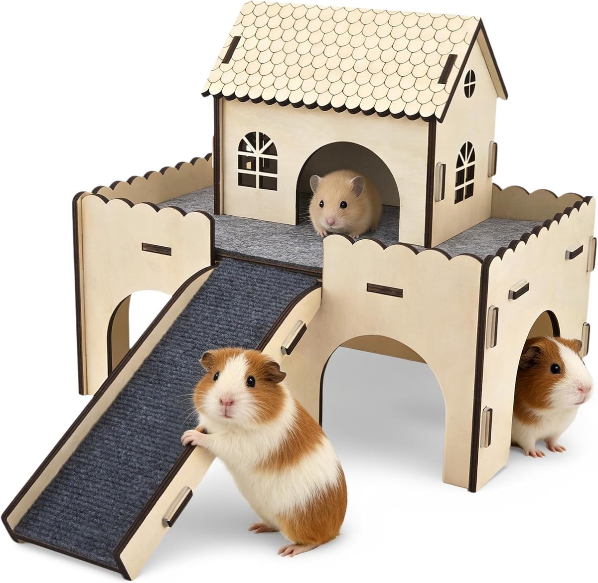 3-in-1 houten caviahuis van hout, XXL 2-etages voor kleine dieren, verstopplaats met dak, trap en matten, accessoires voor cavia's, afneembare schuilplaatsen voor hamsters, konijnen en