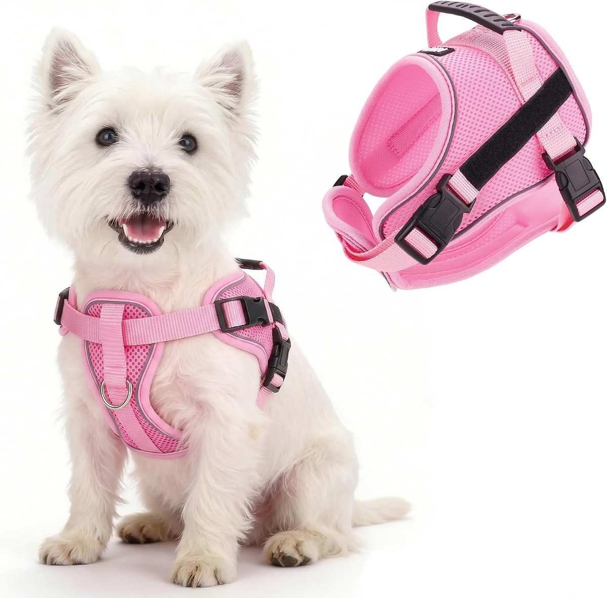 Reflecterend hondenharnas met handvat, geen trekken, zacht, comfortabel, voor alle weersomstandigheden, gaasdoek, ademend, verstelbaar, puppyharnas voor kleine, middelgrote honden (roze, M)