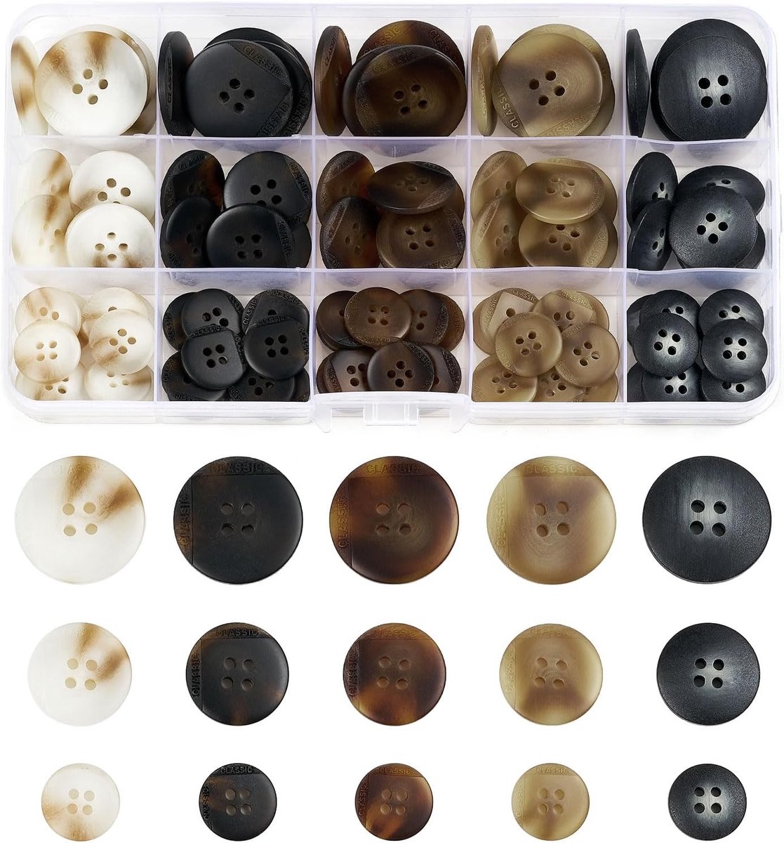 Knopen, 5 kleuren, knopen met 4 gaten, 3 maten (15 mm, 20 mm, 25 mm), naaiknopen voor kleding, geschikt voor doe-het-zelf knutselwerk, jassen, overhemden, broeken, shorts