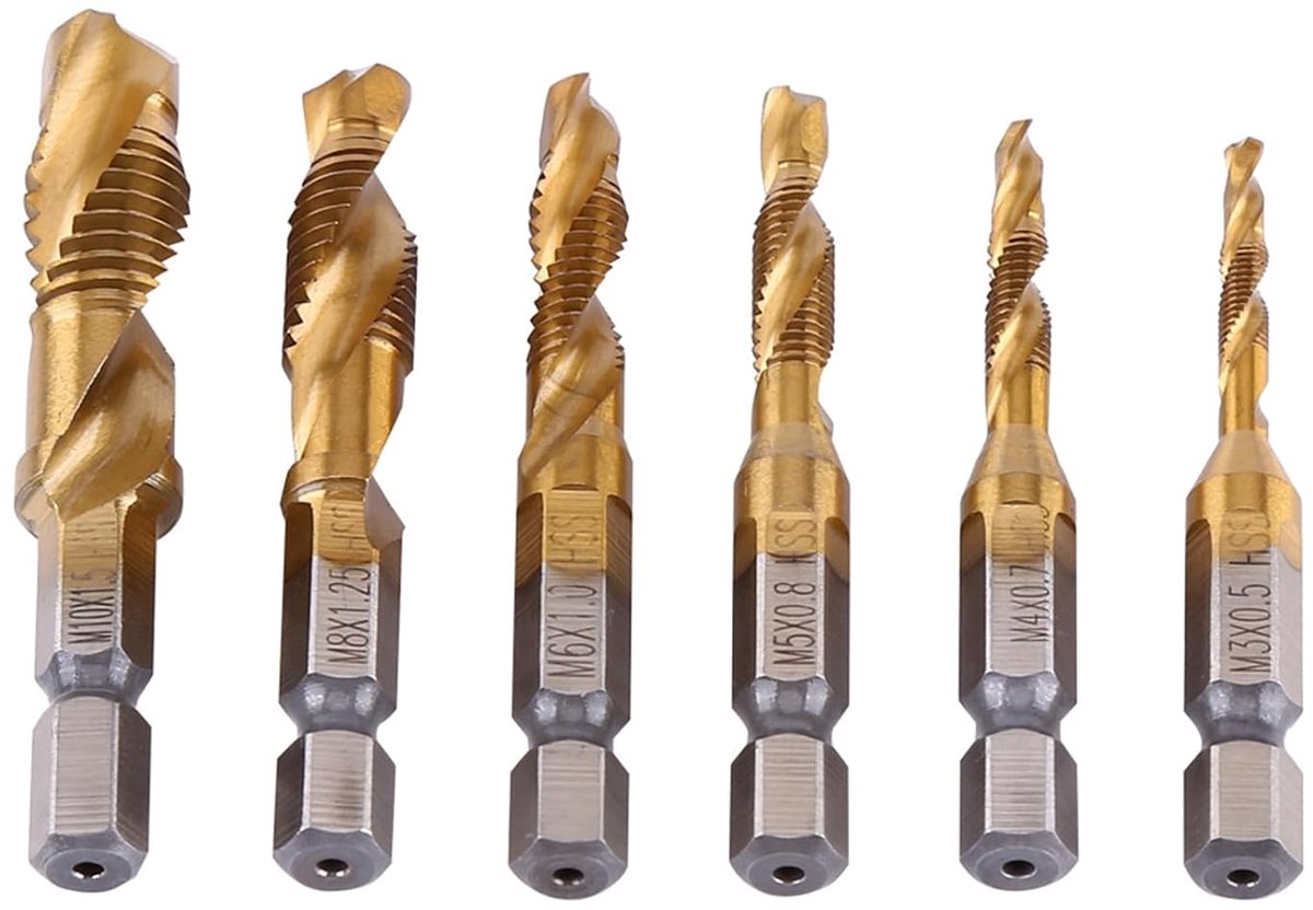 Set van 6 stuks HSS boor boor 1/4 inch zeskantschacht set combinatie boorkraan, metrische schroefdraad M3-M10 HSS boor en tap voor hout ijzer aluminium zilver