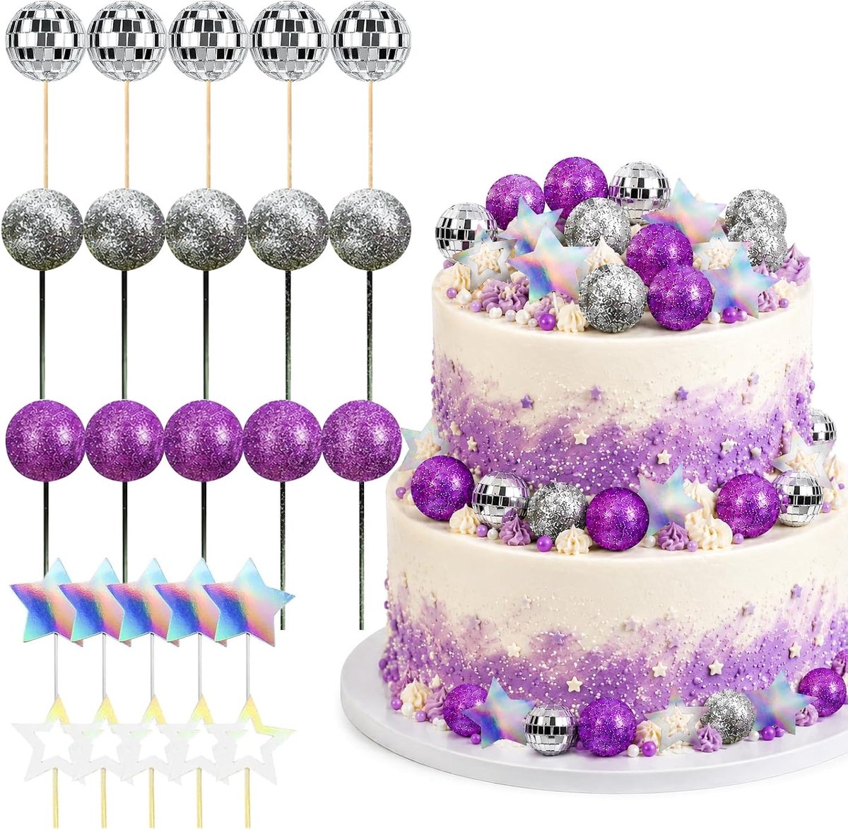 25 stuks Discobal Taarttopper Balls, Paars Taart Toppers Ballonnen, Disco Party, Decoratie, doe-het-zelf taartdecoratie ballonnen voor jaren 70, mottofeest, verjaardag, decoratie (paars)