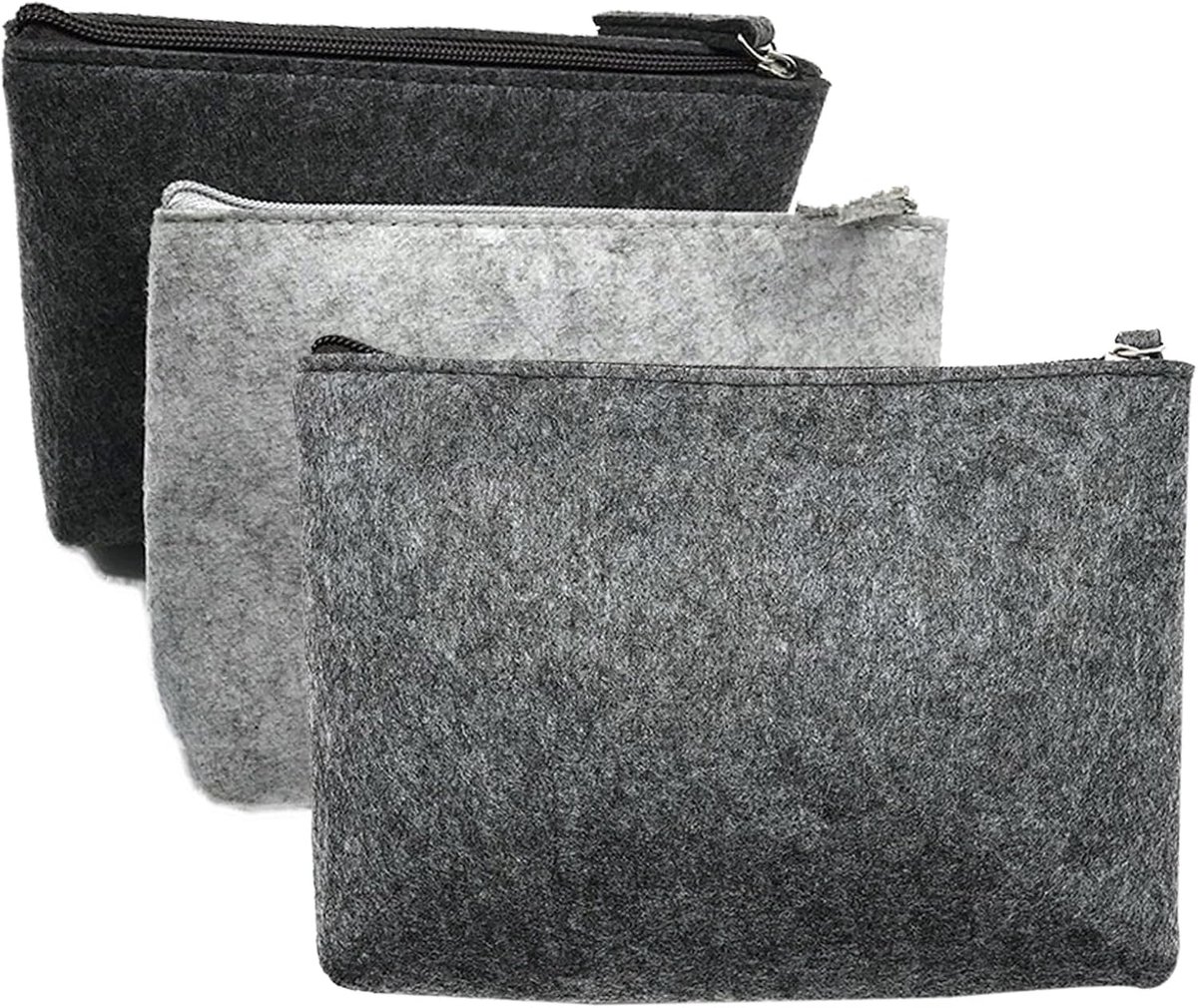 tas vilt, 3 stuks draagbare cosmeticatas, organizer, grote make-uptas, toilettas voor op reis, met ritssluiting, multifunctionele vilten tas, cosmeticatas, briefpapier