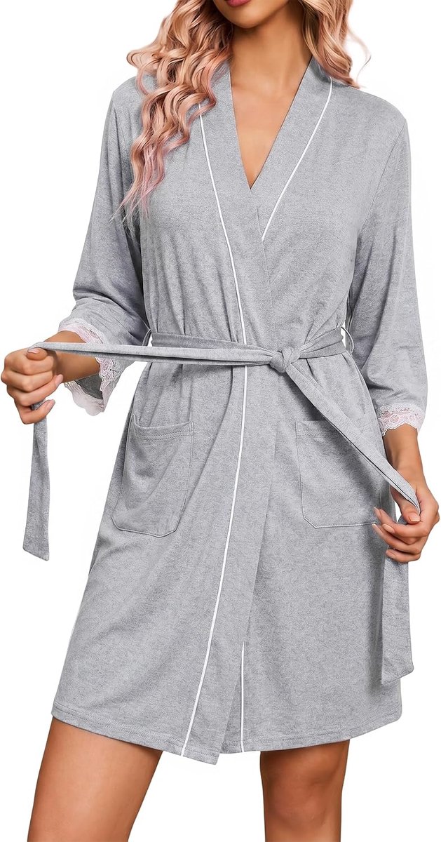 ochtendjas lichtgewicht kant manchet zomer gewaden 3/4 mouw dames korte badjas met zakken spa hotel loungewear S-XXL