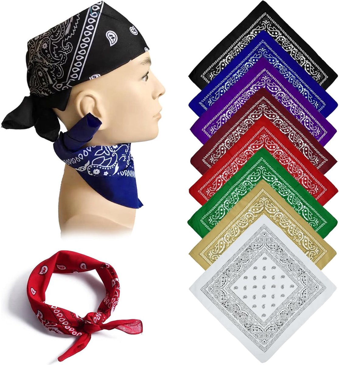 8-Stuks Bandana Hoofddoek Met Paisley-Patroon voor Dames en Heren - Halsdoek voor Polsen, Hals, Hoofd, 54 x 54 cm, Zwart, Wit
