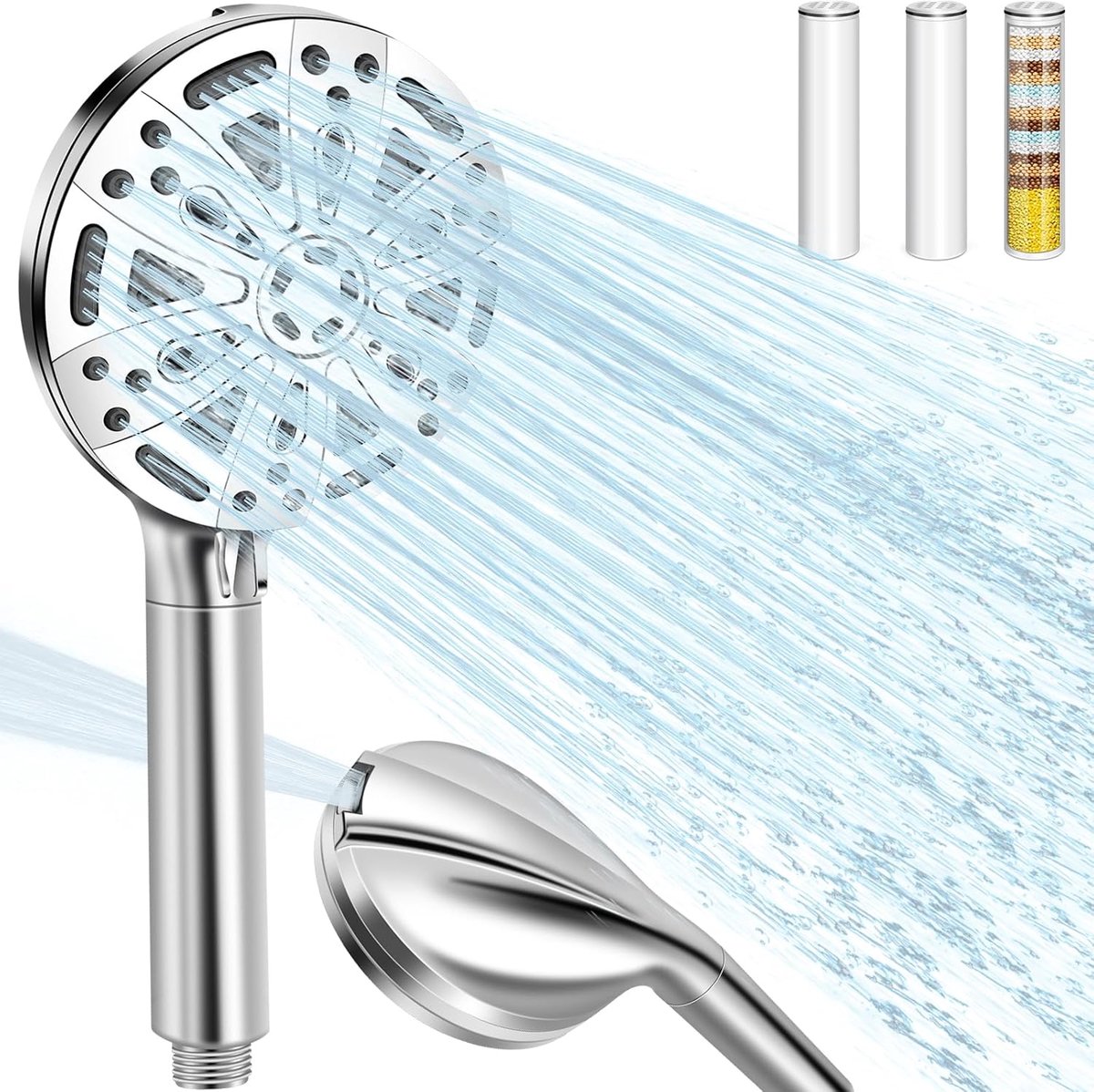 douchekop met 15-traps filter, 8 + 2 sproeimodi, douchekop met hoge druk en waterbesparing, douchekop met handdouche (zilver)