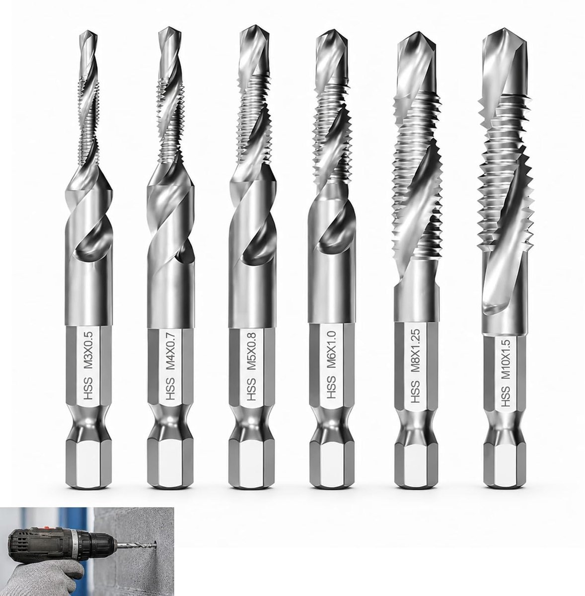Set van 6 combinatieboren, boorgereedschap, metalen draadboorset, M3, M4, M5, M6, M8, M10, met zeskantschacht, 6 mm, multifunctioneel, boren en schroefdraad, precisiegereedschap, doe-het-zelf