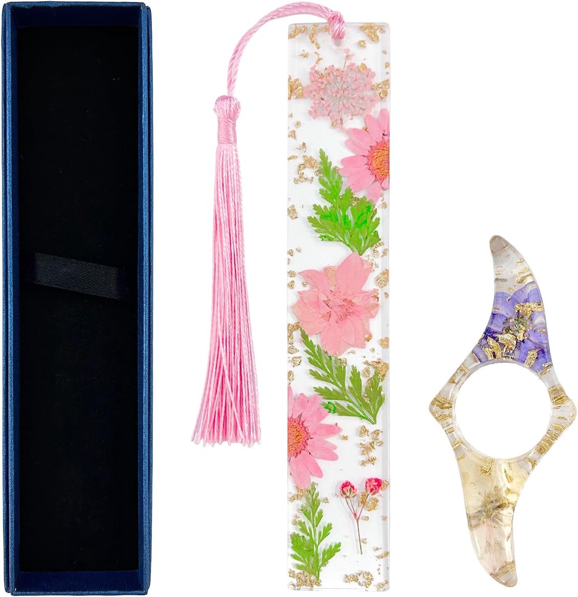 Boekenlegger met gedroogde bloemen en kwast, pagina-houder van hars, elegante bladwijzers voor vrouwen, cadeau voor boekenliefhebbers, handgemaakt bloemenontwerp