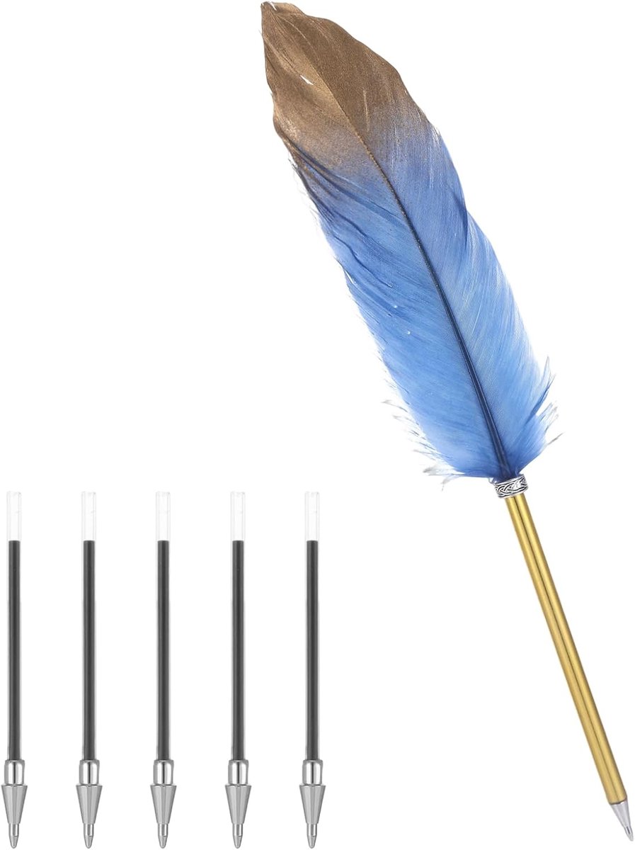Schrijfpen met 5 balpen, pen om te schrijven, vintage pennen voor bruiloften, brieven, handtekening, kantoor (blauw)