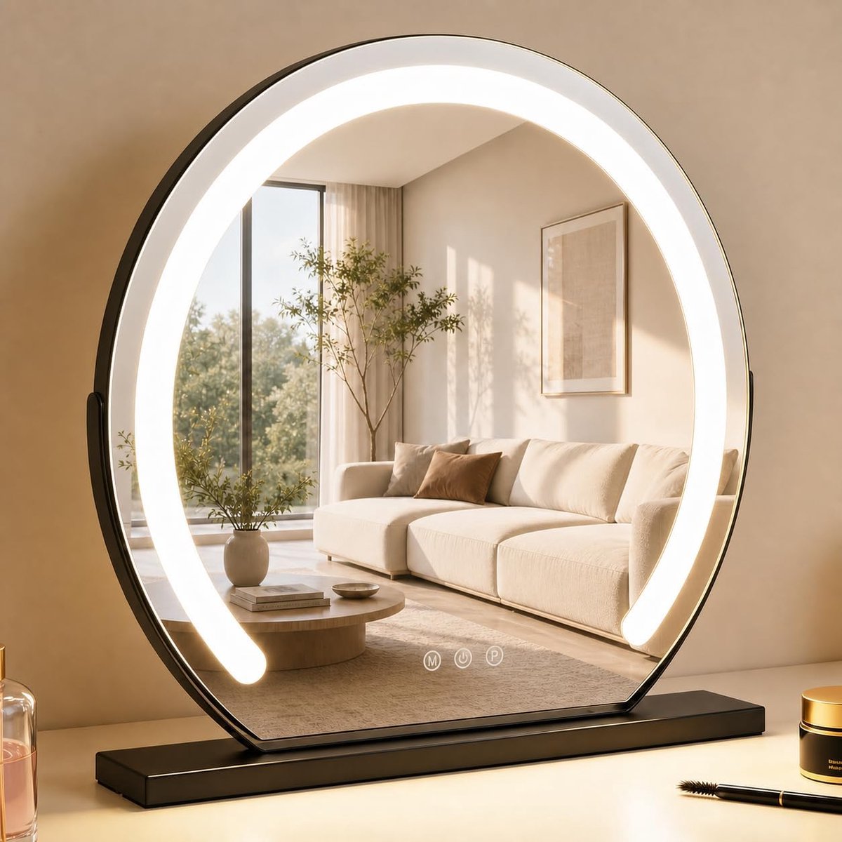 make-upspiegel met verlichting, Hollywood-spiegel, 40 x 35 cm, LED Vanity Mirror, kleine make-upspiegel met licht, tafelspiegel, 3 modi, make-uptafelspiegel, zwart, touch dimbaar