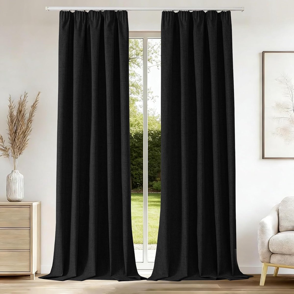 Verduisteringsgordijnen met plooiband, 100% zichtbaarheid, 140 x 225 cm (b x h), linnenlook, voor woonkamer, slaapkamer, kinderkamer, railsysteem, 2 stuks