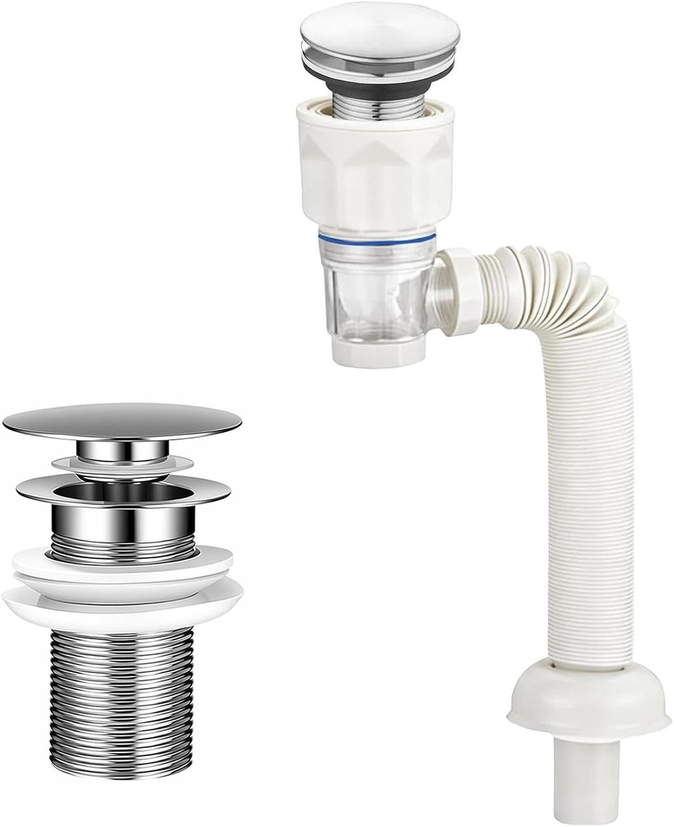 Afvoergarnituur Wasbak Kit - Afvoer Wasbak met Pop-up Stop, Flexibele Afvoerslang (300-1000mm Uitrekbaar), Anti-Verstopping, Geur- en Insectendicht (Wit)