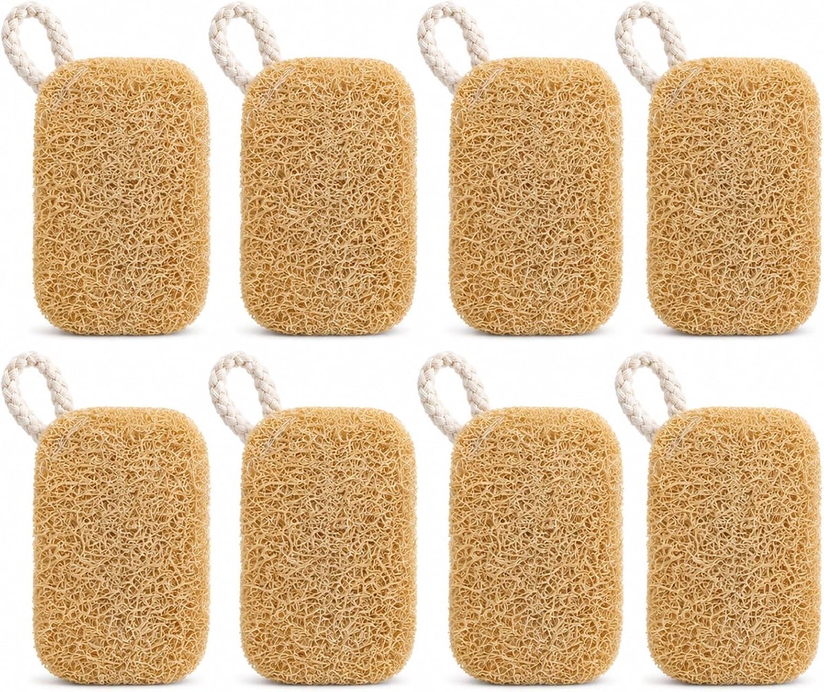 Luffa-spons, 8 stuks, natuurlijke loofah afwasspons met haak | 9 x 7 cm loofah spons van natuurlijke loofah spons, met lus en haak voor keuken, badkamer, camping
