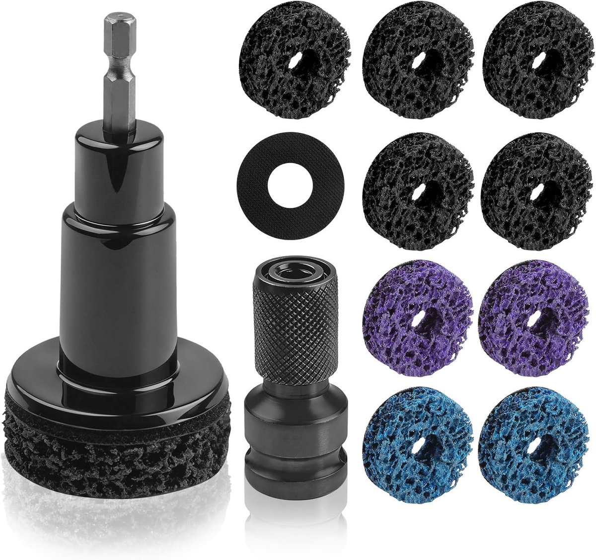 12 stuks wielreinigings- en reparatieset, met 9 afstandstukken, wielnaafreinigingsgereedschap, voor wielbouten en rotoren, geschikt voor boormachines of 1/2 inch slagmoersleutel naafslijper