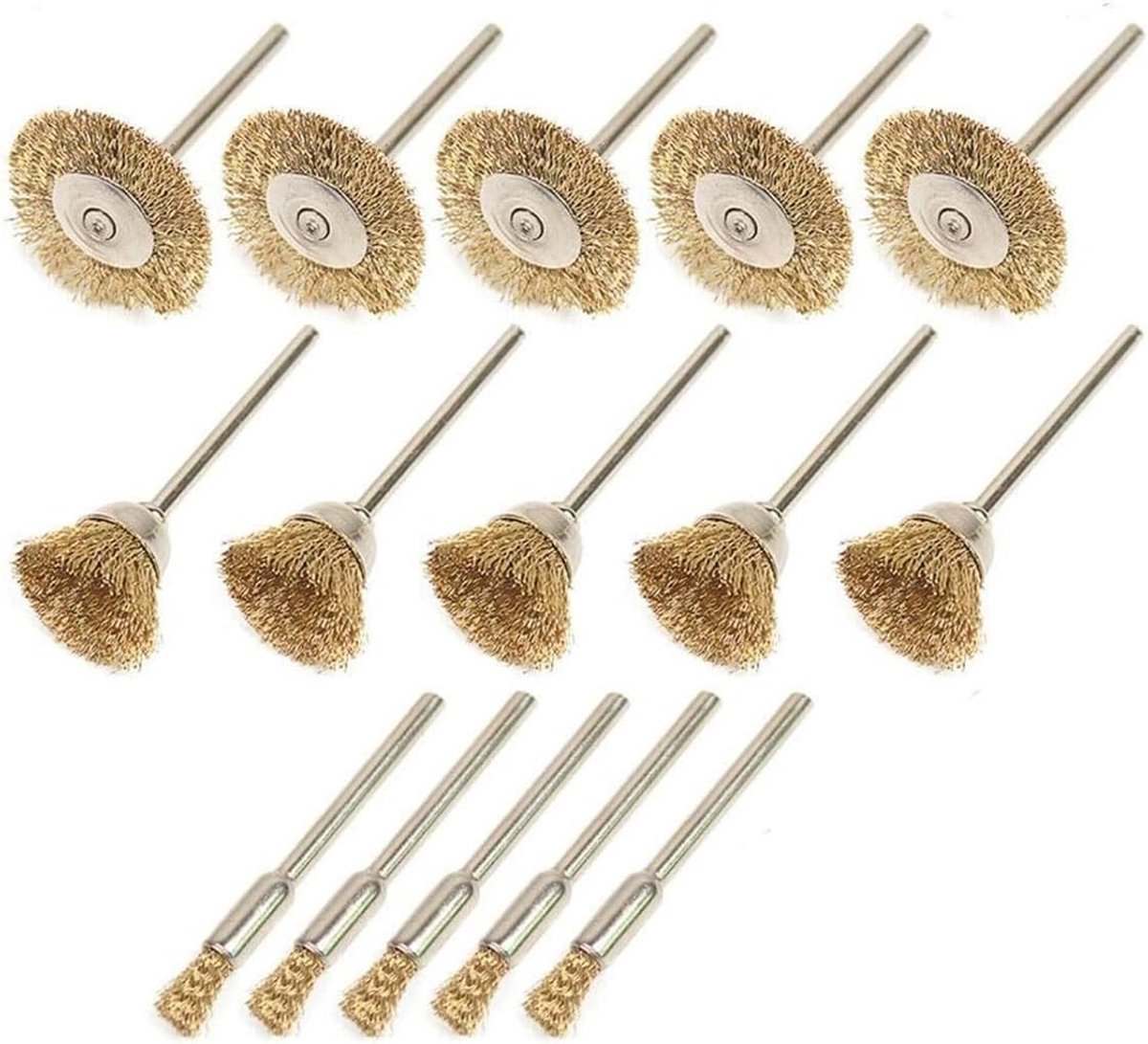 15 stuks draadborstels, zacht rotary gereedschap, messing draadborstel, reiniging en polijstdoek, set van 15 stuks