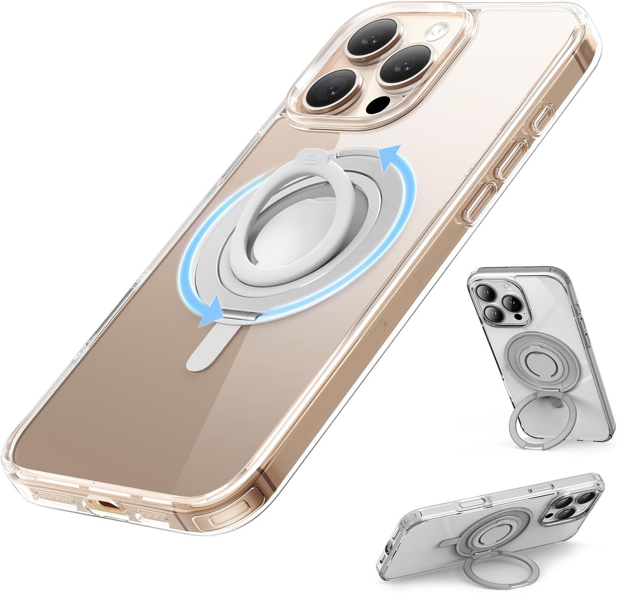 Magnetisch Case voor iPhone 16 Pro met Stand, Transparant Hoesje 6,3" Compatibel met MagSafe (met Zachte Ringhouder), Anti-schok Hoesje met Standaard, Transparente