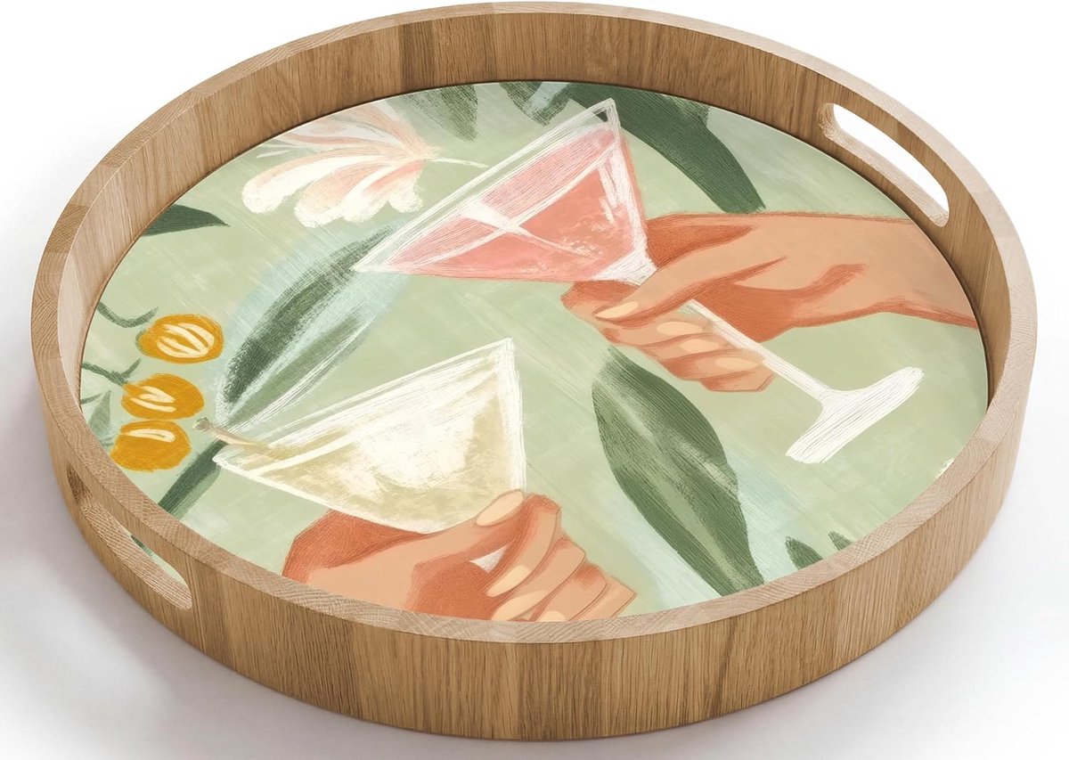 Dienblad Rond 40x40 cm Houten Serveerblad Met Handgrepen Gelakt Eikenhout Krasbestendig Hittebestendig Ontbijt Koffie Thee Eten Glazen - Proosten - Bladeren - Groen