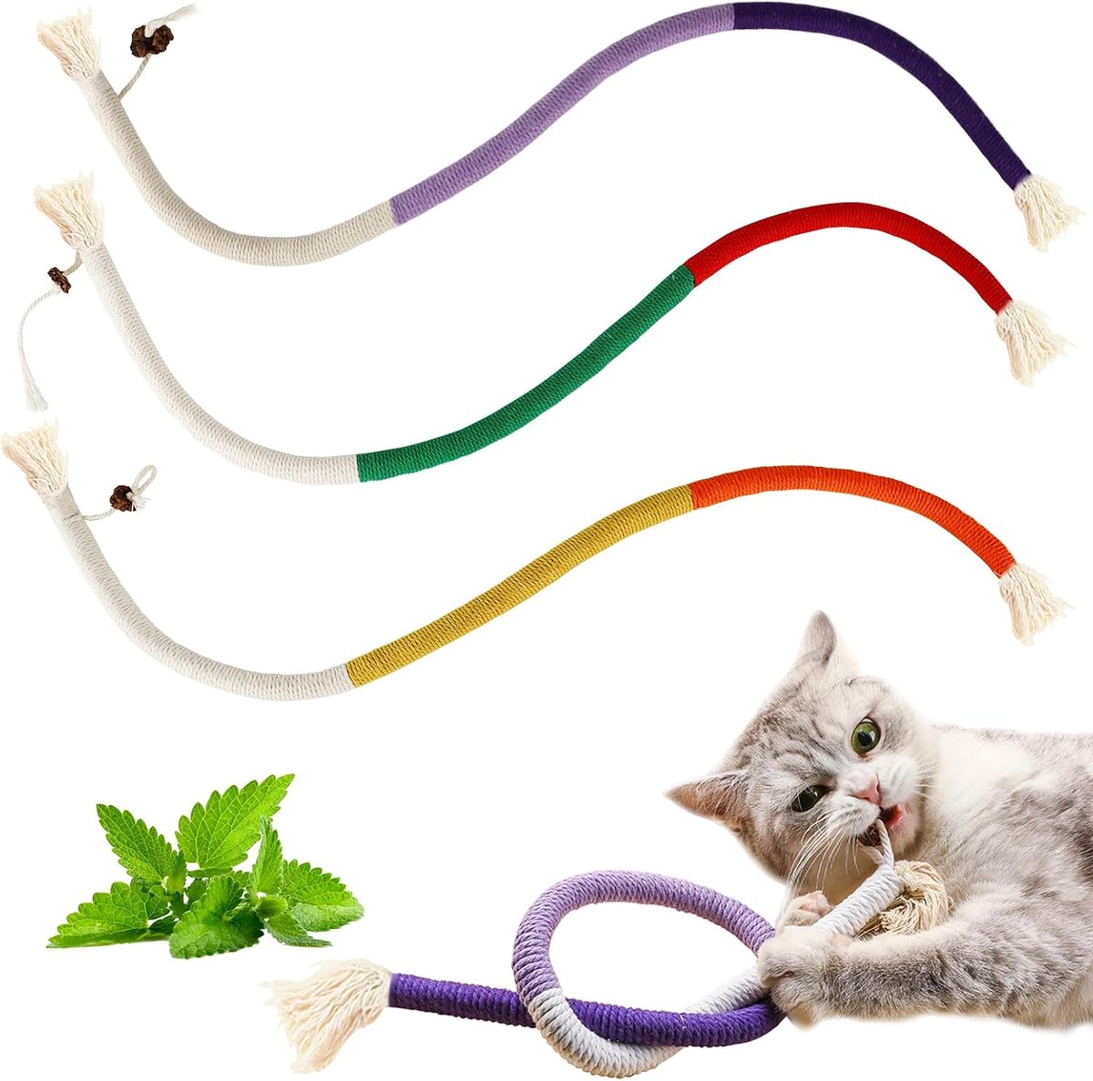 Kattenkruid speelgoed voor binnenkatten, slangig touwspeelgoed met galfruit voor kat spelen kauwen tanden reinigen, interactief kattenkauwspeelgoed in verschillende kleuren voor kinderziektes