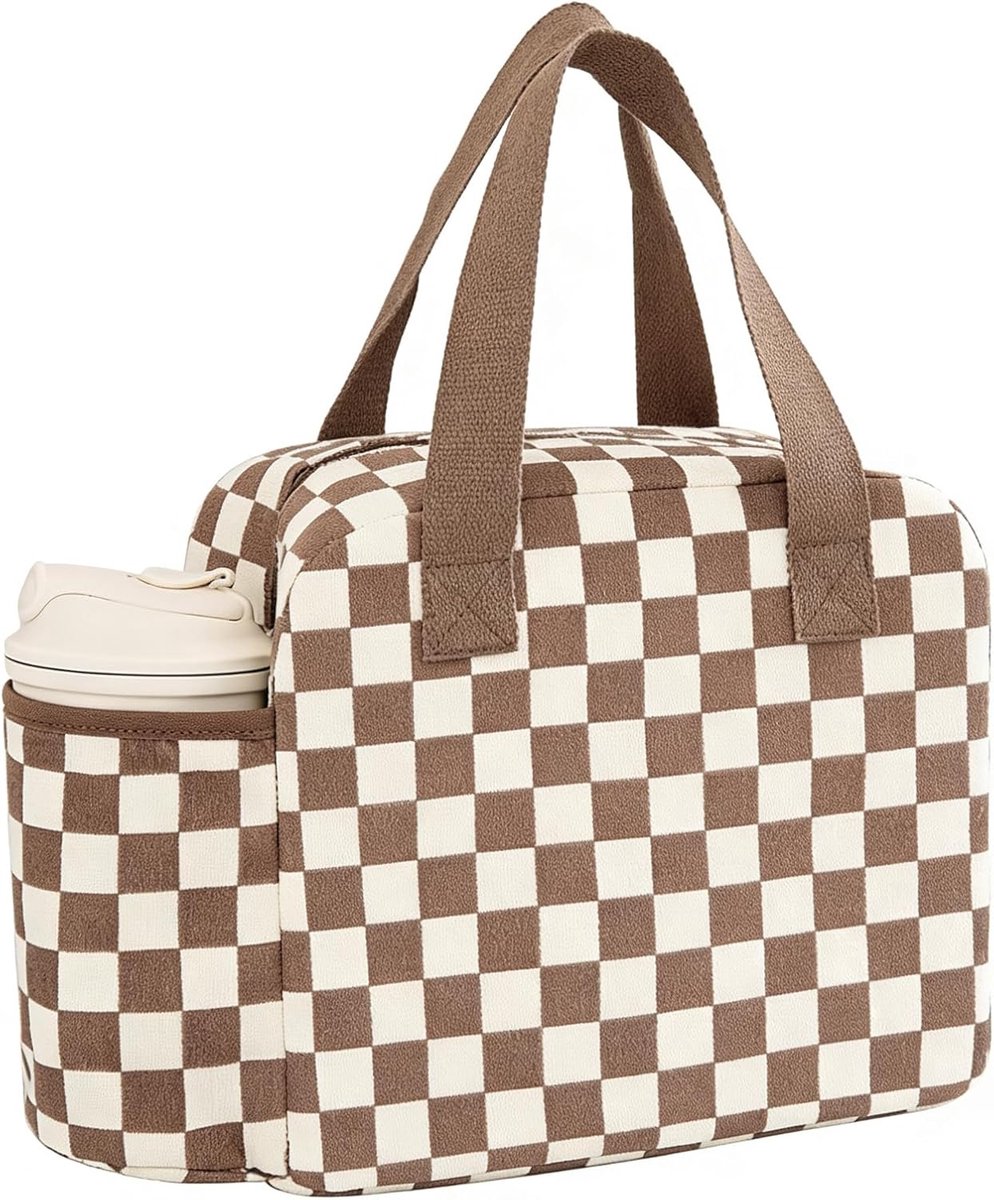 Koeltas voor dames, draagbaar, lunchbox, lunchtas, geïsoleerd, voor studenten, kantoor, werk, picknick, (koffiegeruit, met zijzakken)