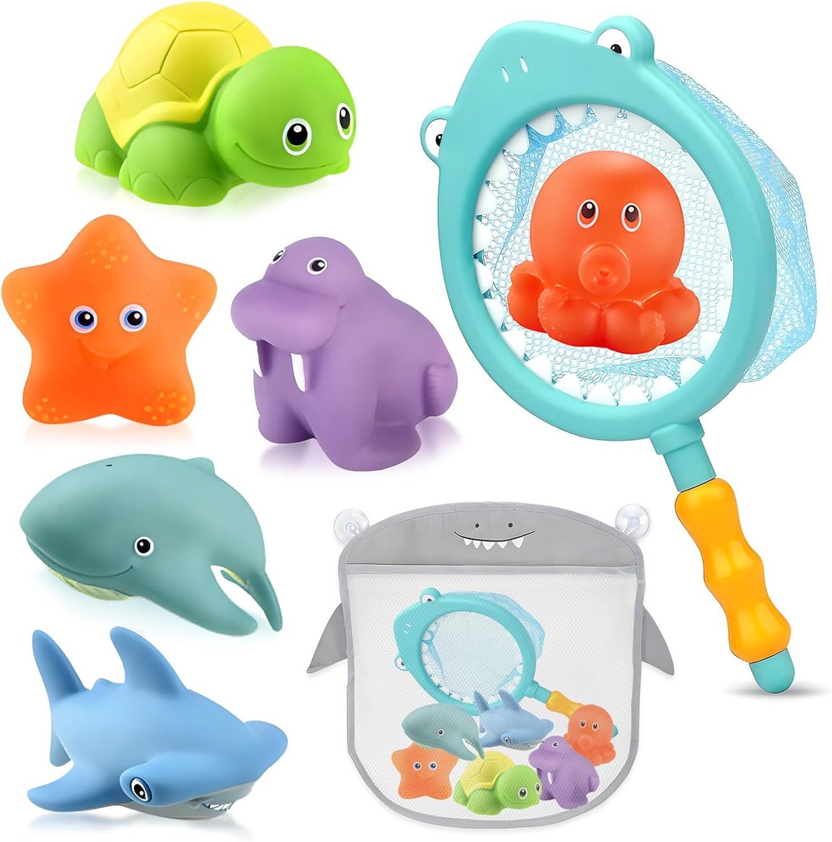 Badspeelgoedset voor baby's, jongens en meisjes, 8-delig, drijvend speelgoed met visnet en opbergtas, cadeaus voor badkuip, zwembad voor kinderen