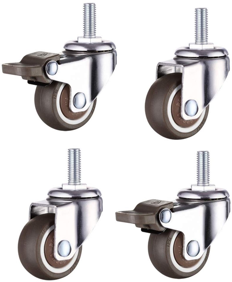 1 Inch Kleine Winkelwagen Wiel Trolley Swivel Caster Wielen Zacht Rubber TPE M6x 15mm Metrisch Schroefdraad Mini Stem Caster Wiel (2 met Remmen), 24 lb/11 kg Draagvermogen, Set van 4