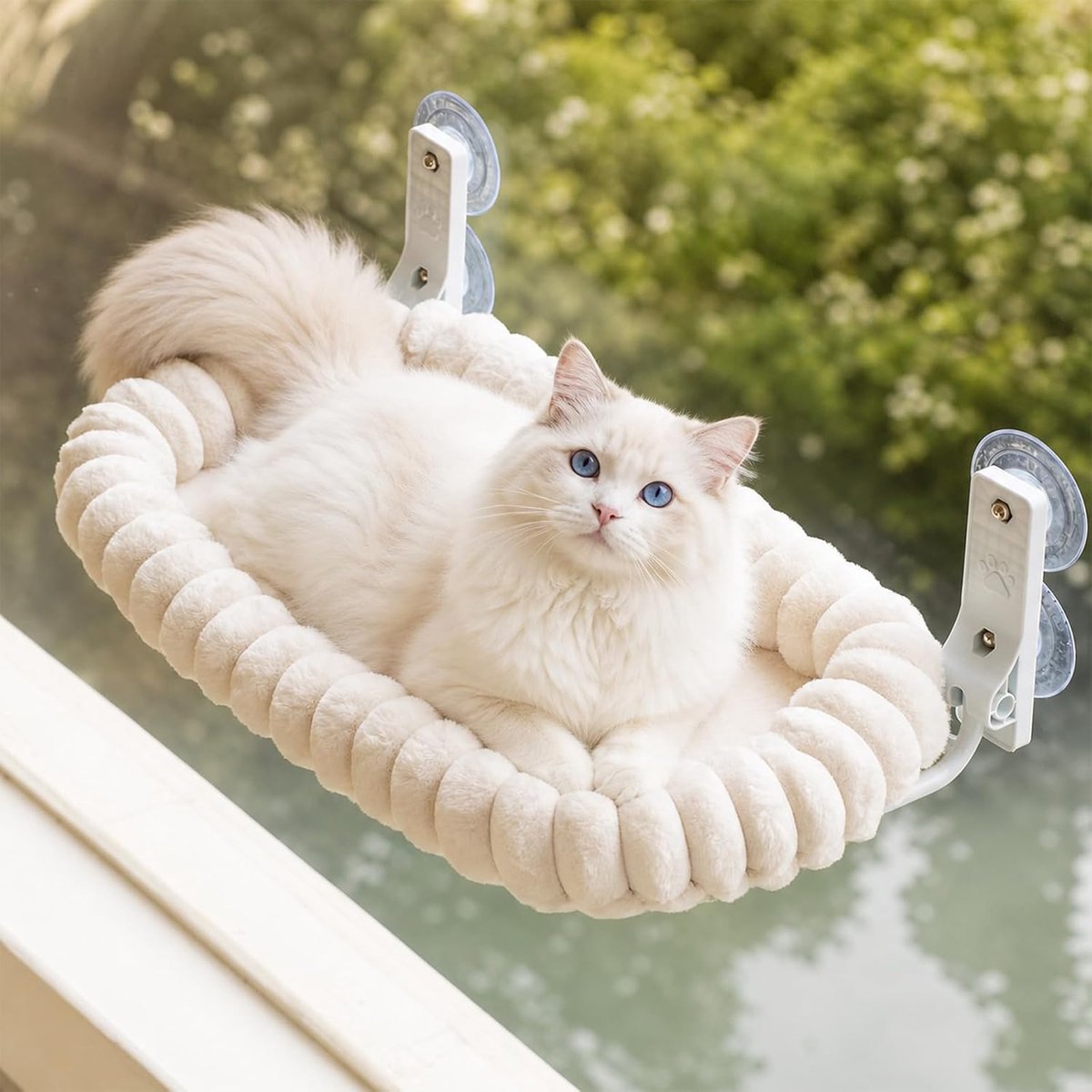 Raamligstoel, kattenbed met afneembare en omkeerbare hoes, opvouwbare kattenbed, met stevig stalen frame en zuignappen, houdt tot 18 kg, wit