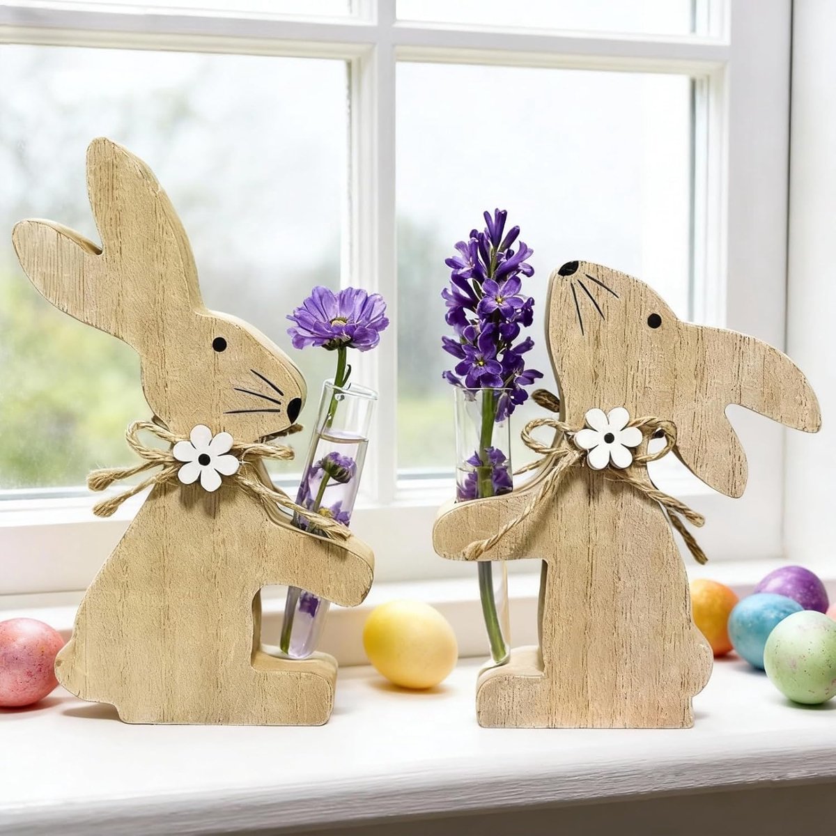 2 stuks decoratieve paashazen figuren, ZoneYan lente paashazen decoratie, met reageerbuisjes, paashaas paasfiguren, paasdecoratie haas, decoratie paashaas opsteller, paasdecoratie voor op tafel