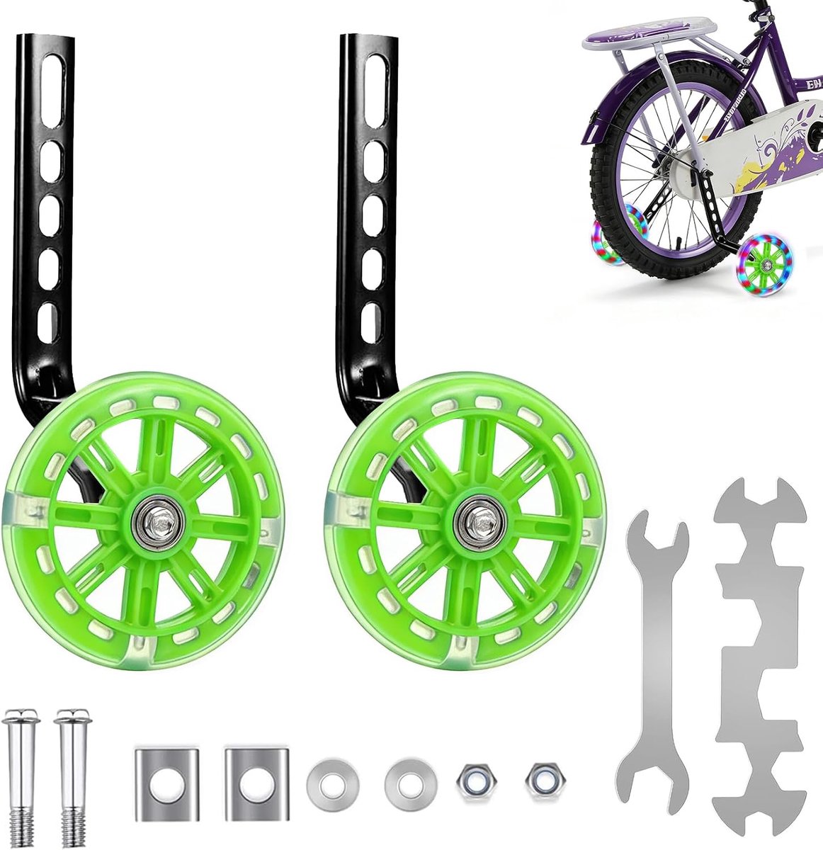Kinderfiets 2 stuks universele steunwielen verstelbare hulpwielen veiligheidssteunwielen met Mute Flash wielen voor 12 14 16 18 20 inch Single Speed Bike (groen)