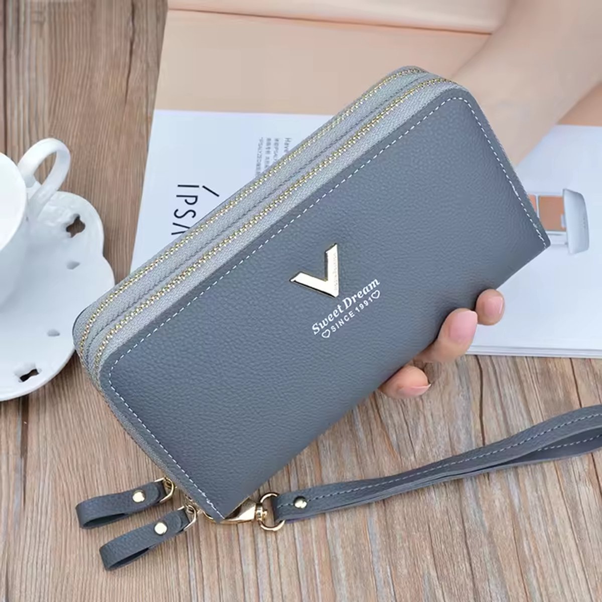 KZQ Dames Portemonnee - Dubbele Ritssluiting - Grote Capaciteit - Met Meerdere Kaartvakken - Geschikt Als Clutch En Telefoonhouder - Grijs