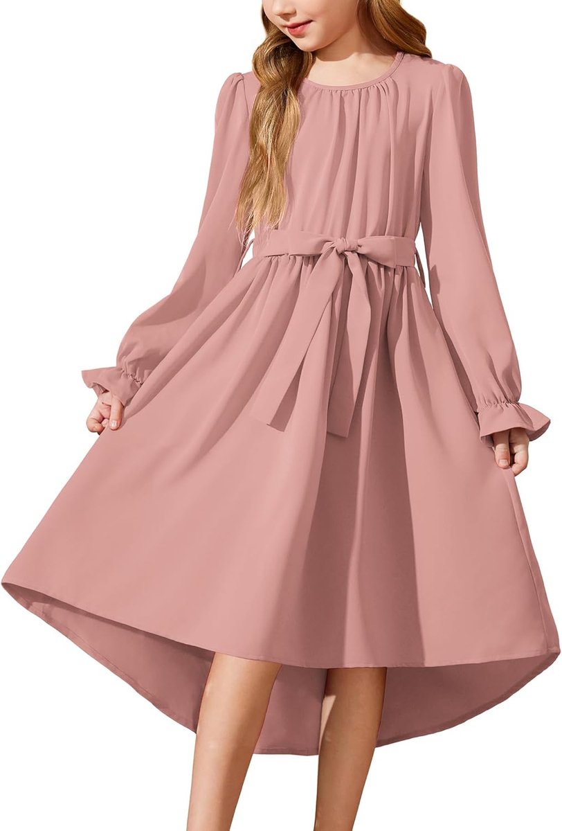 Meisjesjurk met lange mouwen, chiffonjurk, A-lijn, high-low jurk, kinderavondjurk, feestelijk, bruiloft, partyjurk, midi-jurk, herfst, winter, feestjurk met riem en zak, 5-12 jaar