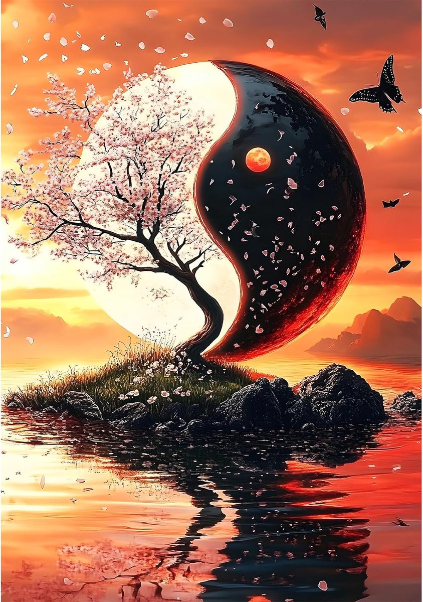Diamond Painting Complete set, boom Yin en Yang 5D DIY Full Drill Diamond Painting voor volwassenen, creatieve schilderijen, kunst, diamond painting met accessoires, wanddecoratie 30 x 40 cm