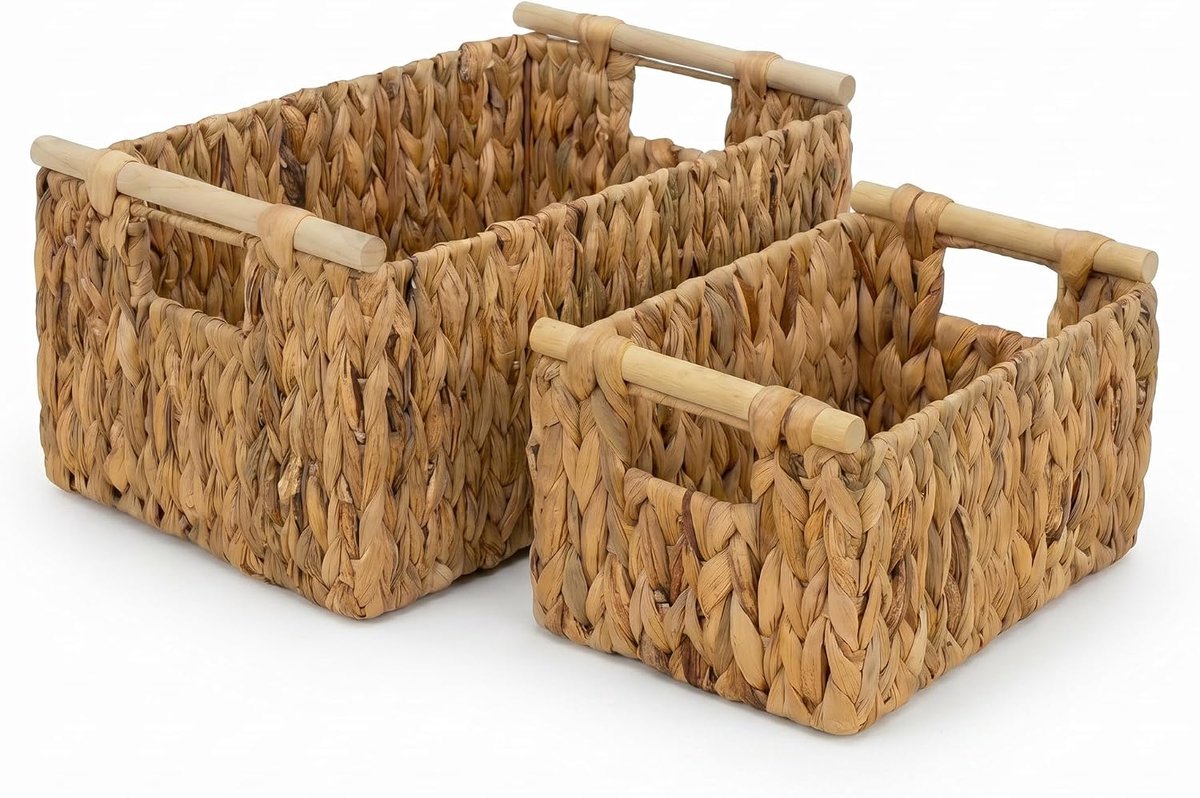 opbergmanden, set van 2, waterhyacint, handgeweven rieten manden met houten handvat, rustieke minimalistische organizer voor keuken, kast, slaapkamer, speelgoedopslag