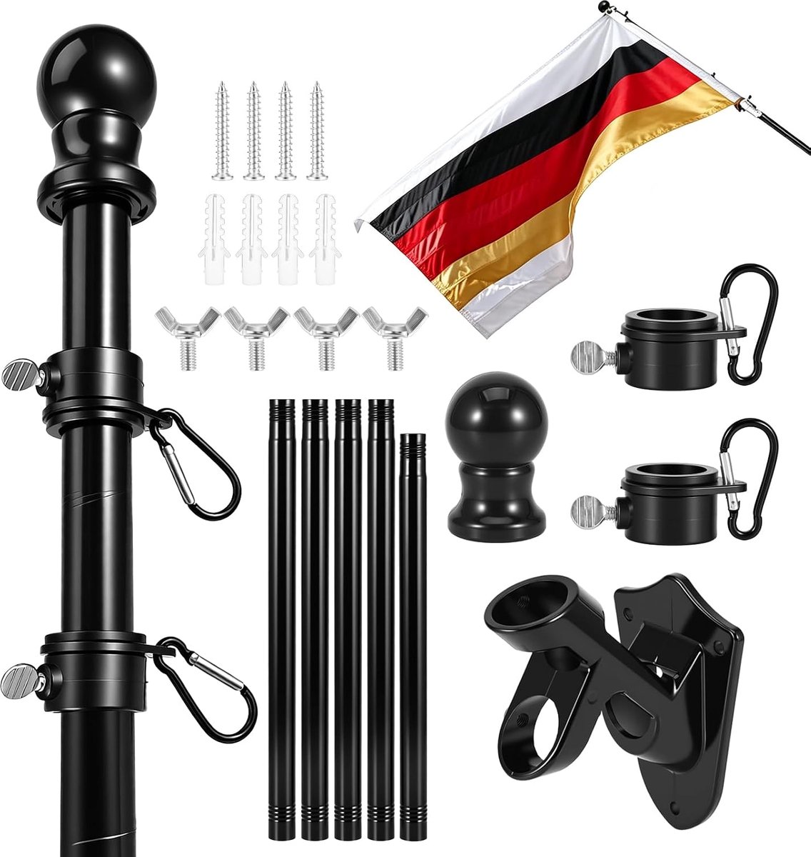 stabiel, 1,8 m, vlaggenhouder, splijtpaal, zwart, 5-delige vlaggenmast met arm, verstelbare vlaggenmast, wandhouder voor tuin, huis, terras