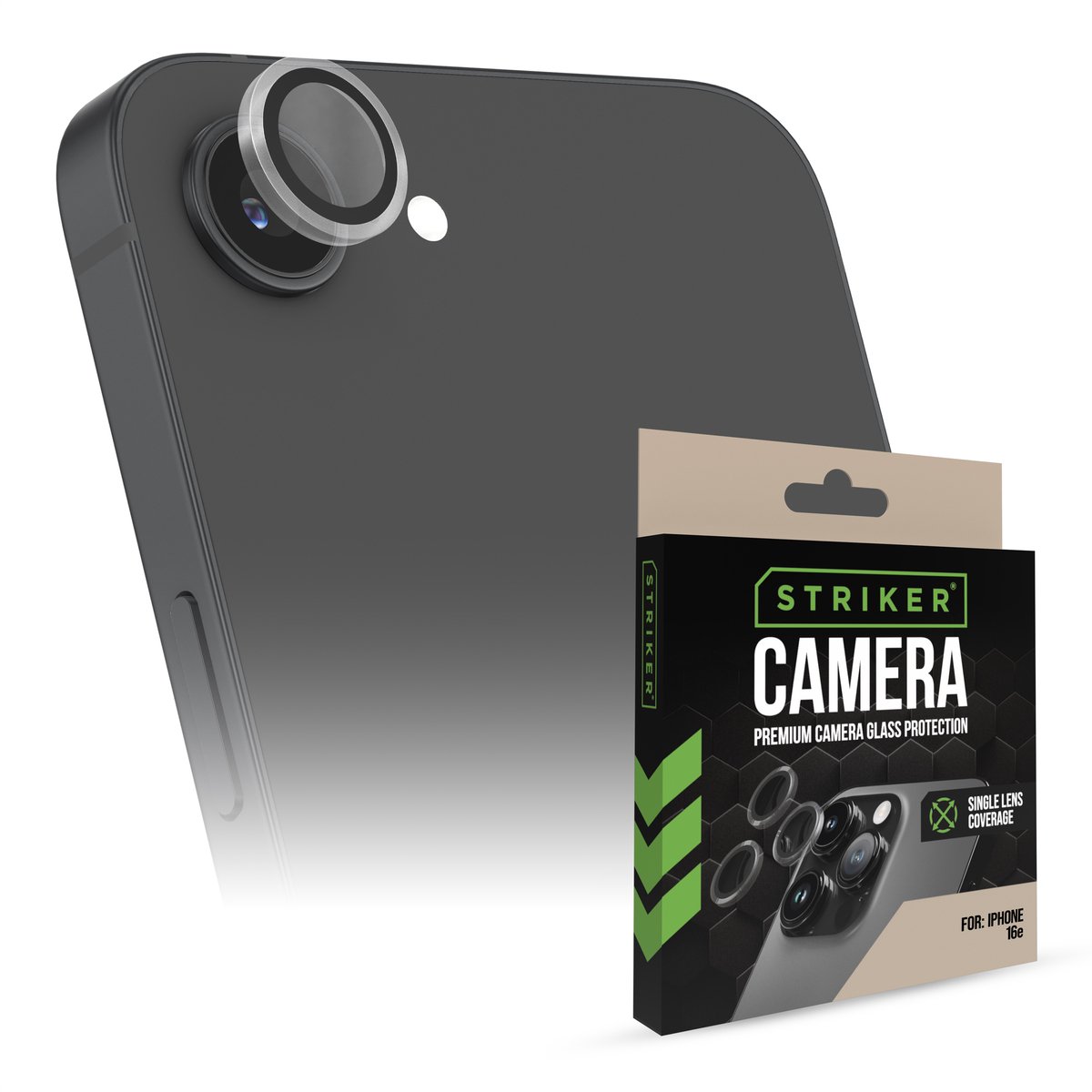 Striker Screenprotector geschikt voor Apple iPhone 17e Glazen | Striker Single Lens Camera Lens Protector - Case Friendly - Zwart