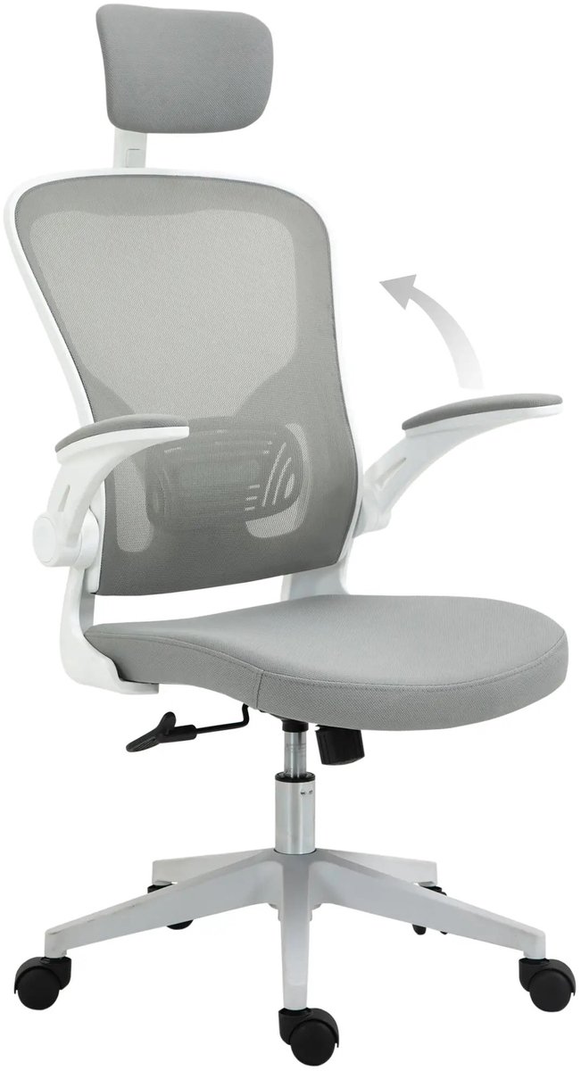 Ergonomische Bureaustoel Schreibtischstoel Met Hoofdsteun En Wipfunctie Hoogte Verstelbaar 65x64x114-122 cm Grijs Kunststof Netstof Mesh Computerstoel Draaistoel Lendensteun Armleuningen Verstelbaar 360° Roterend Belastbaar 120 kg Thuis Kantoor Stoel