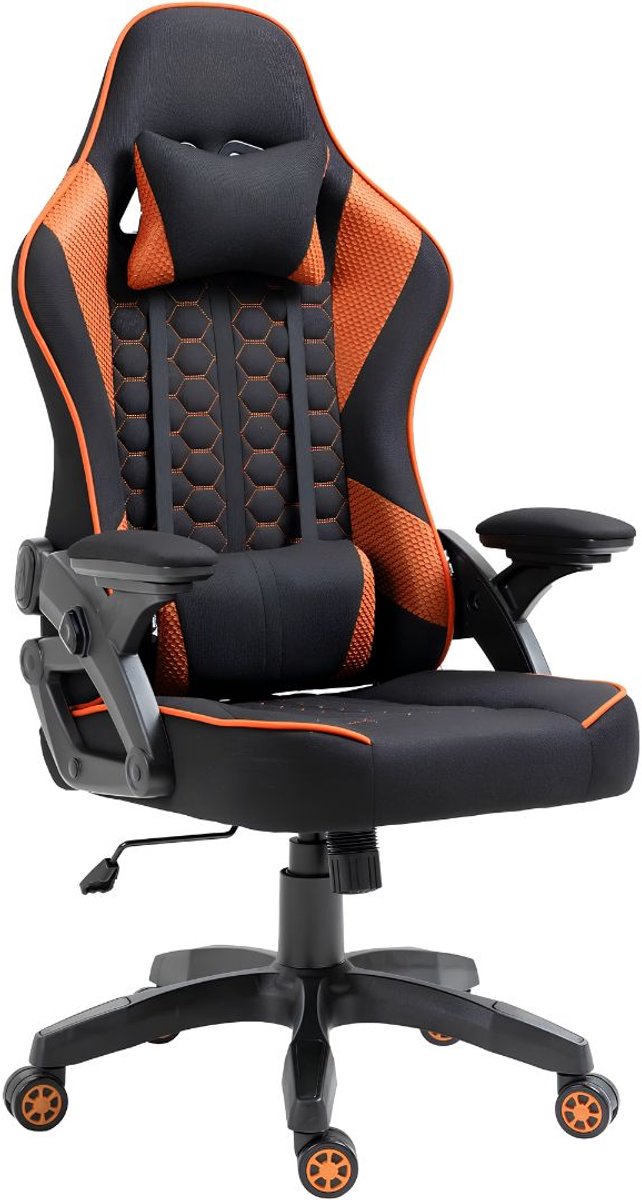 NIVA® Gamingstoel - 130 kg - Ergonomische Gamestoel - Met Voetensteun & Hoofdkussen - Zwart/Oranje - 52cm x 59cm x 126cm