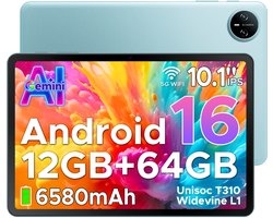 DOOGEE TAB A9 - Tablet - Android 16 - 12GB RAM + 64GB ROM(2TB/TF) - 10 Inch - 6580 mAh - 5G WiFi - Tablet Unisoc T310 - Dubbele Luidspreker - 3,5 mm aansluiting - Face ID - Blauw