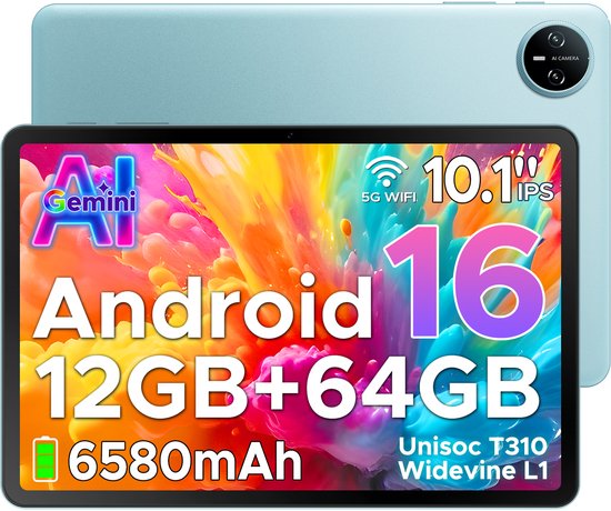 Turquoise tablet met 10.1 inch scherm, Android 16, 12GB RAM, 64GB ROM, 6580mAh batterij en AI Gemini logo.